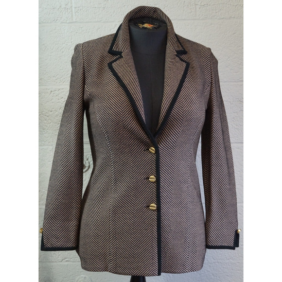 St. John Collection Pale Pink/Charcoal Herringbone Jacket w/ Suede Trim sz 6 - Picture 1 of 11